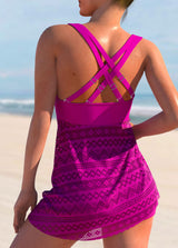 Cyan Lace Stitching Cross Strap Swimdress and Shorts