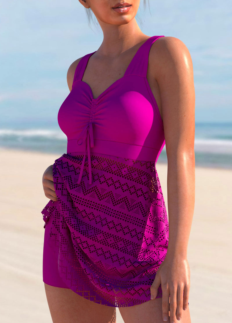 Cyan Lace Stitching Cross Strap Swimdress and Shorts