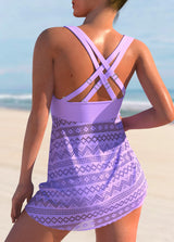 Cyan Lace Stitching Cross Strap Swimdress and Shorts