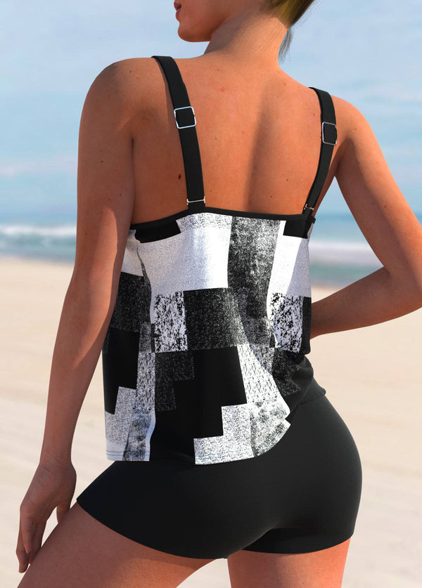 White Geometric Print Wide Strap Tankini Set
