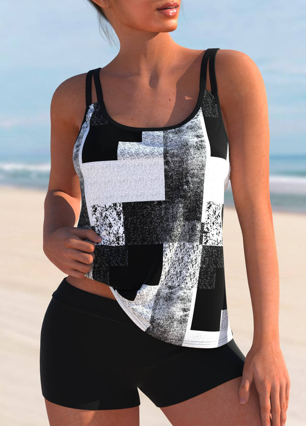 White Geometric Print Wide Strap Tankini Set
