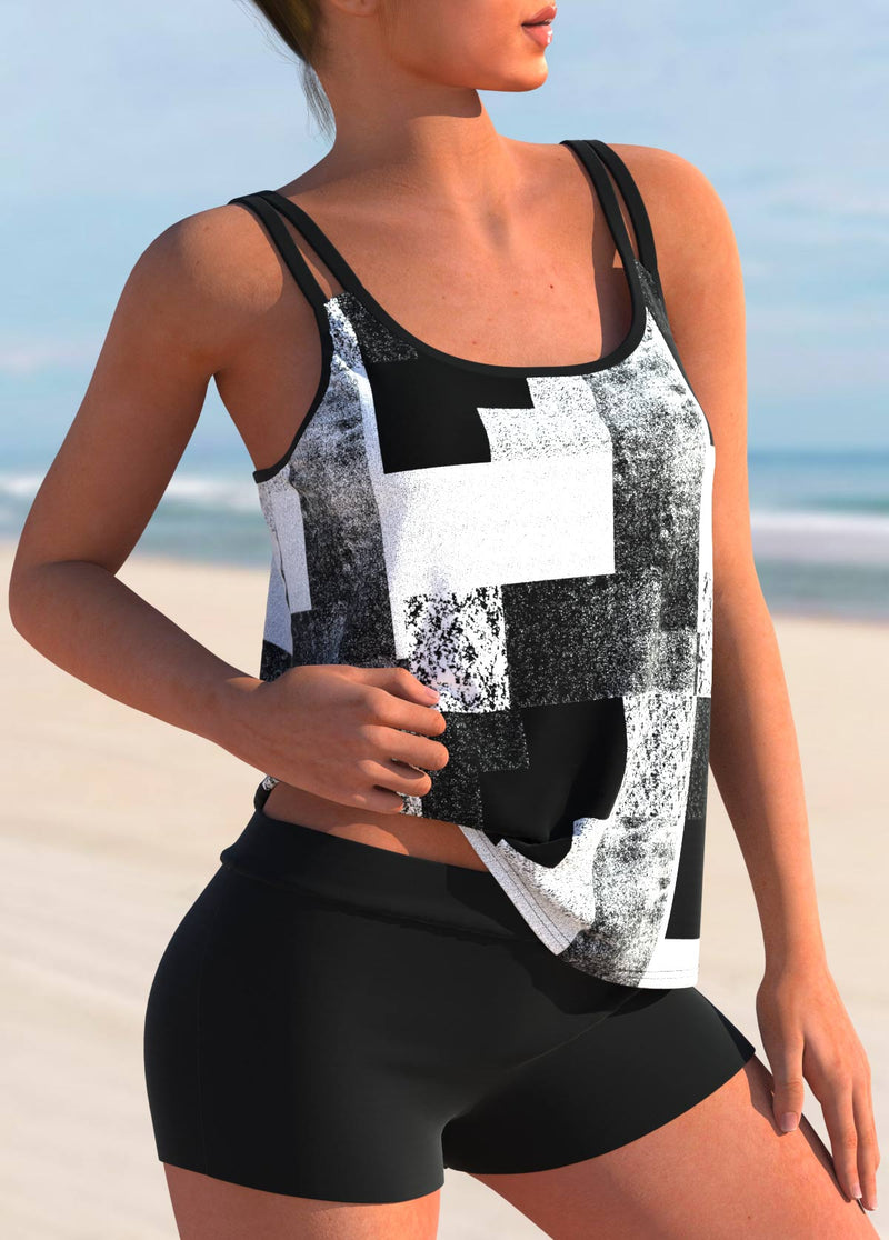 Double Straps Sky Blue Geometric Print Tankini Top