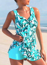 Cyan Cross Strap Butterfly Print Swimdress and Shorts