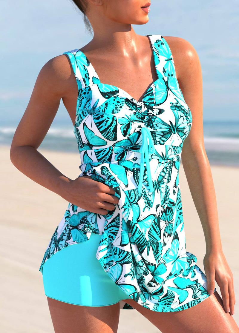 Cyan Cross Strap Butterfly Print Swimdress and Shorts