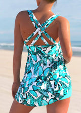 Cyan Cross Strap Butterfly Print Swimdress and Shorts