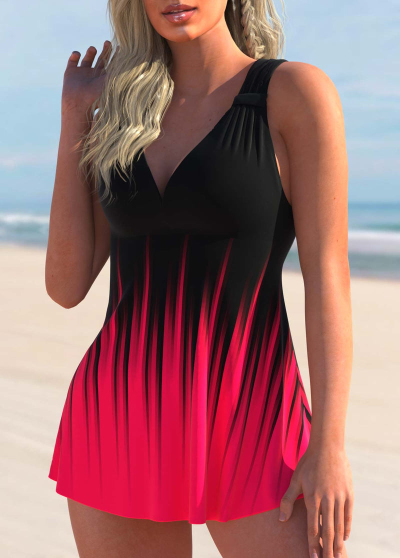 Wide Strap Ombre Print Rose Red Swimdress and Shorts