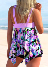 Ring Detail Floral Print Light Purple Swimdress and Shorts