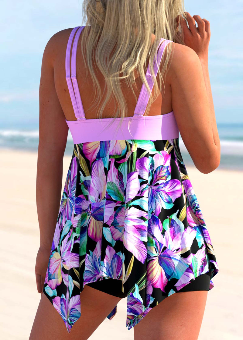 Ring Detail Floral Print Light Purple Swimdress and Shorts