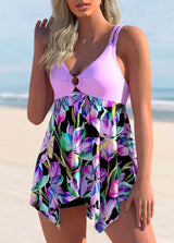 Ring Detail Floral Print Light Purple Swimdress and Shorts
