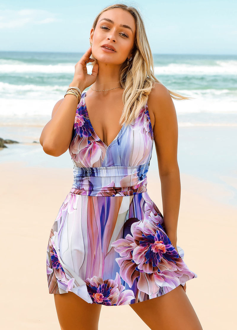Multi Color Cross Strap Floral Print Swimdress Top