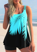 Cyan Tropical Print Double Straps Swimdress and Shorts