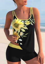 Sunflower Print Double Straps  Tankini Set