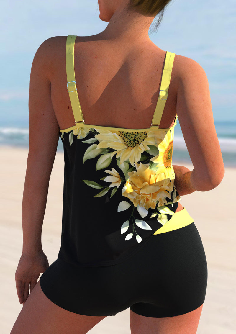Sunflower Print Double Straps  Tankini Set
