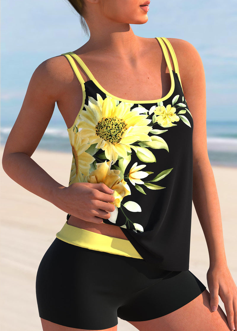Sunflower Print Double Straps  Tankini Set