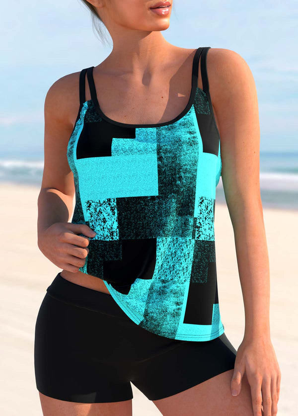 Double Straps Sky Blue Geometric Print Tankini Top