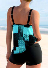 Double Straps Sky Blue Geometric Print Tankini Top