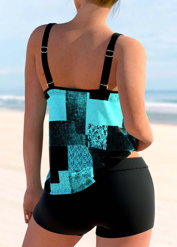Double Straps Sky Blue Geometric Print Tankini Top