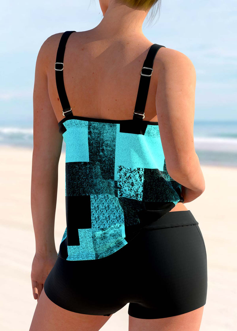 Double Straps Sky Blue Geometric Print Tankini Top