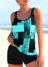 Double Straps Sky Blue Geometric Print Tankini Top