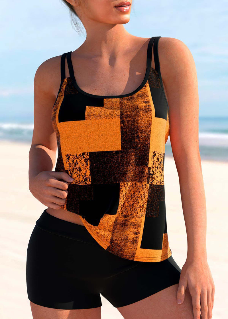Double Straps Sky Blue Geometric Print Tankini Top
