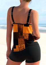 Double Straps Sky Blue Geometric Print Tankini Top