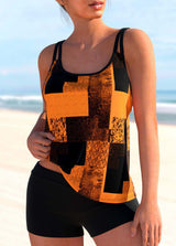 Double Straps Sky Blue Geometric Print Tankini Top