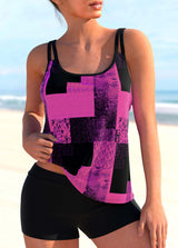 Double Straps Sky Blue Geometric Print Tankini Top