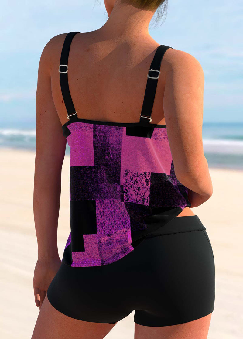 Double Straps Sky Blue Geometric Print Tankini Top