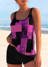 Double Straps Sky Blue Geometric Print Tankini Top