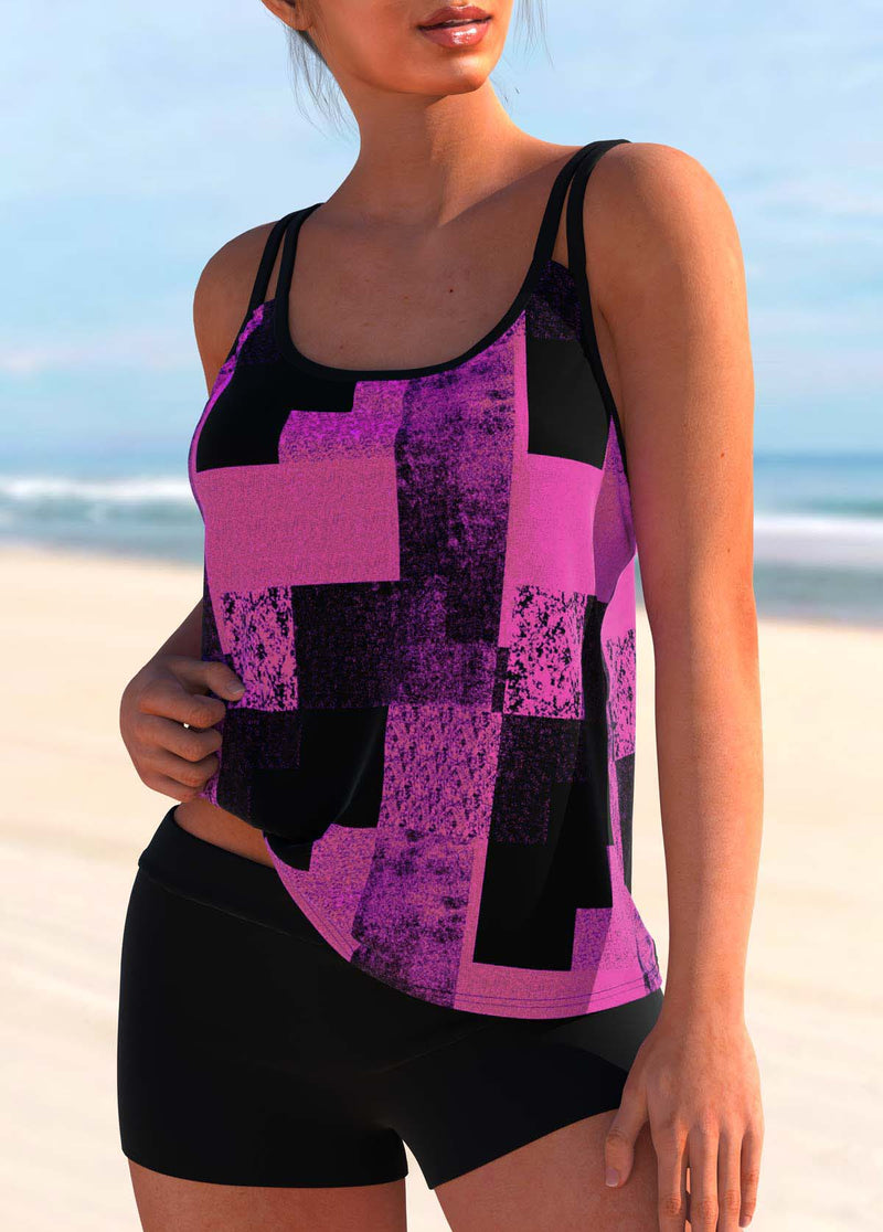 Double Straps Sky Blue Geometric Print Tankini Top