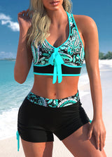 Paisley Print Bowknot Cyan Drawstring Bikini Set