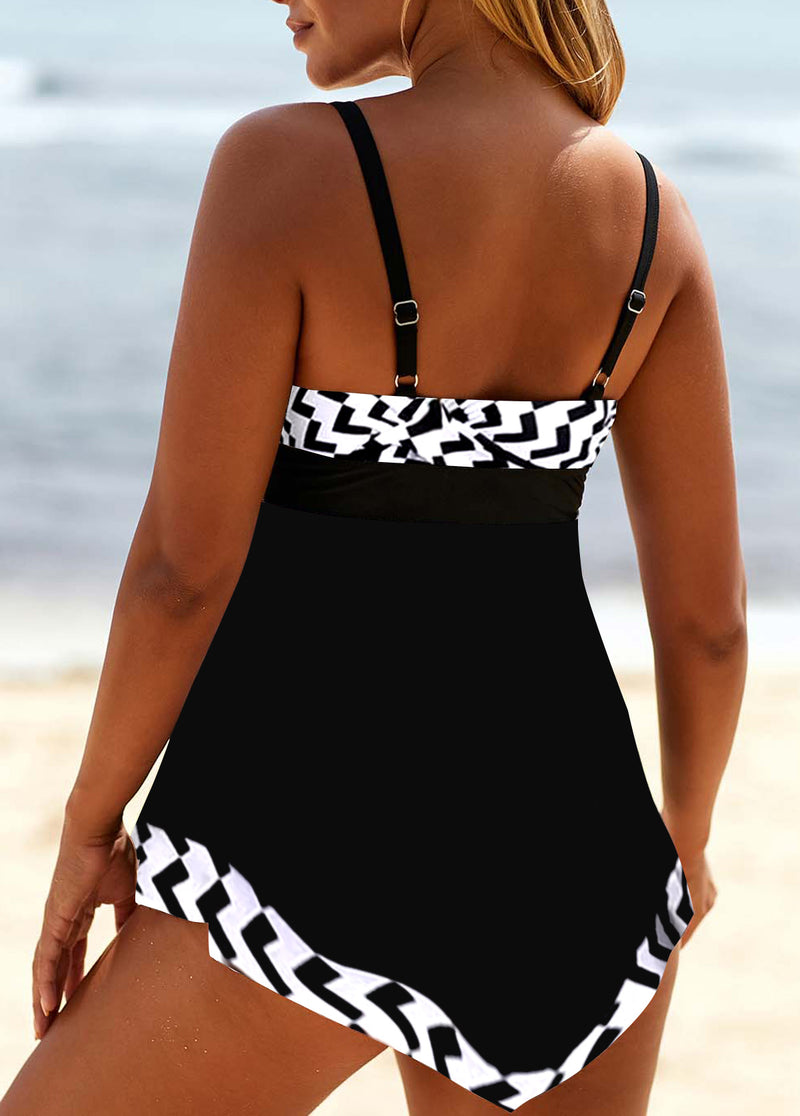 Geometric Print Lace Up White Swimdress Set