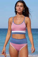Pink Spaghetti Straps Colorblock Ribbed High Waisted Swimsuit