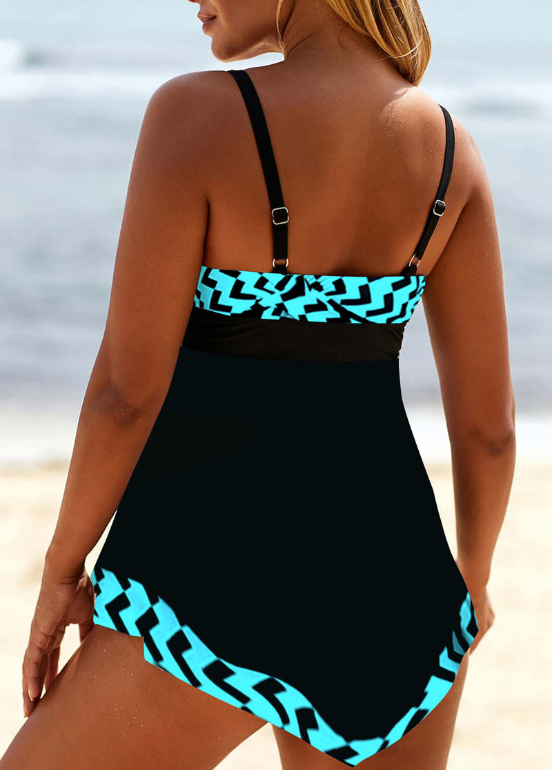 Geometric Print Lace Up White Swimdress Set