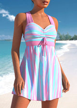 Graffiti Print Striped Light Pink Swimdress Top