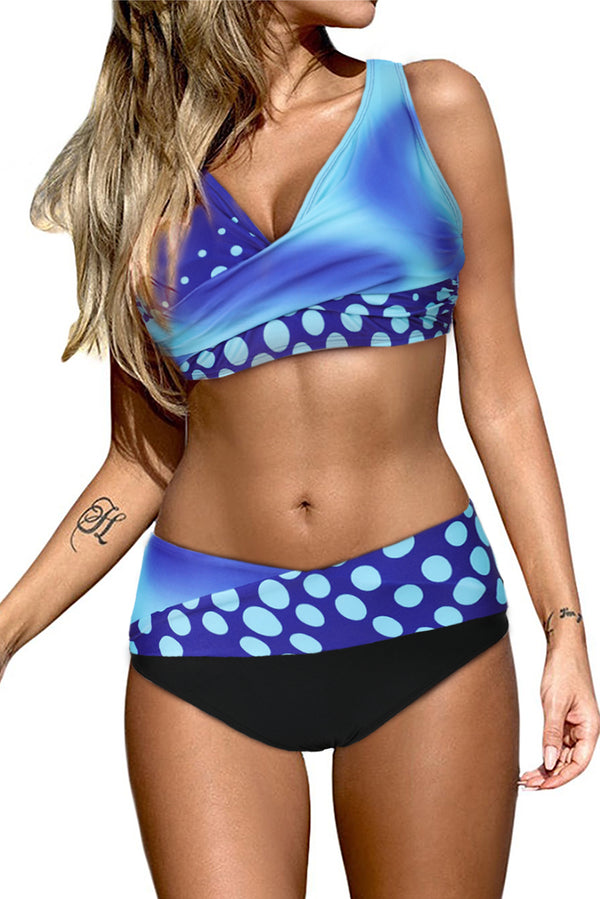 Blue Polka Dot Print Wrap V Neck Lace-up Back Bikini