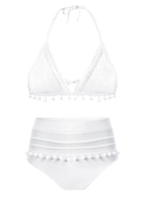 White Pom Pom Mesh Insert High Waisted Swimsuit