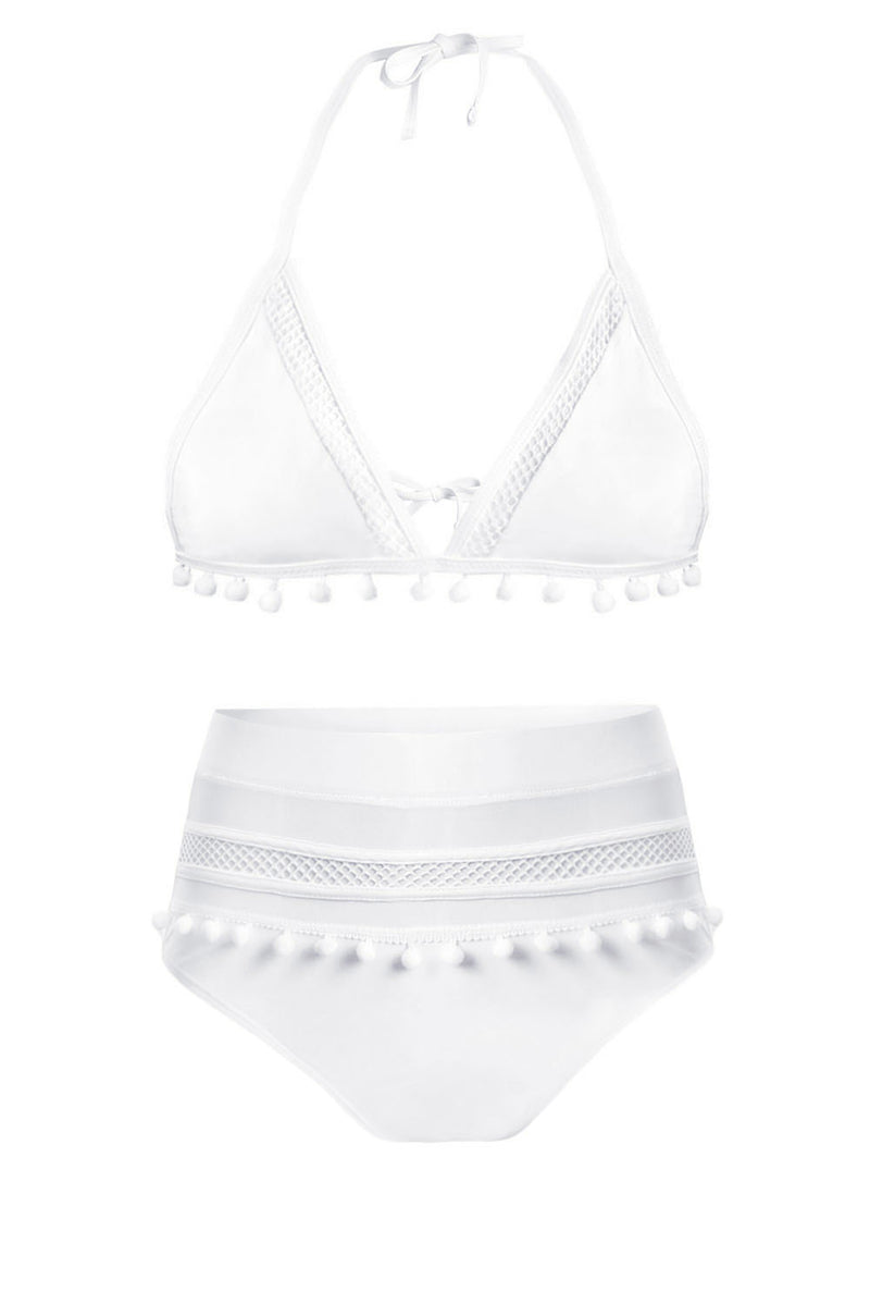 White Pom Pom Mesh Insert High Waisted Swimsuit