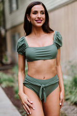 Green Sexy Bubble Sleeves High Waisted Swimsuit