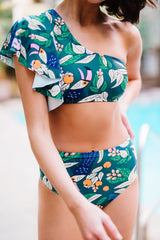 Green Floral Print Ruffled Single Shoulder High Waisted Swimsuit