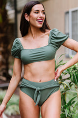 Green Sexy Bubble Sleeves High Waisted Swimsuit