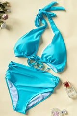 Turquoise Crisscross Ruched High Waisted Swimsuit