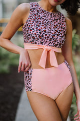 Pink Leopard Patchwork Tie Knot High Waist Bikini Swimsuit