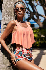 Salmon Print Crop Ruffled Overlay High Waist Tankini