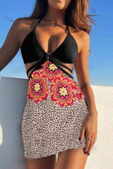 3pcs Self-tie Strap Triangle Bikini with Leopard Floral Sarong