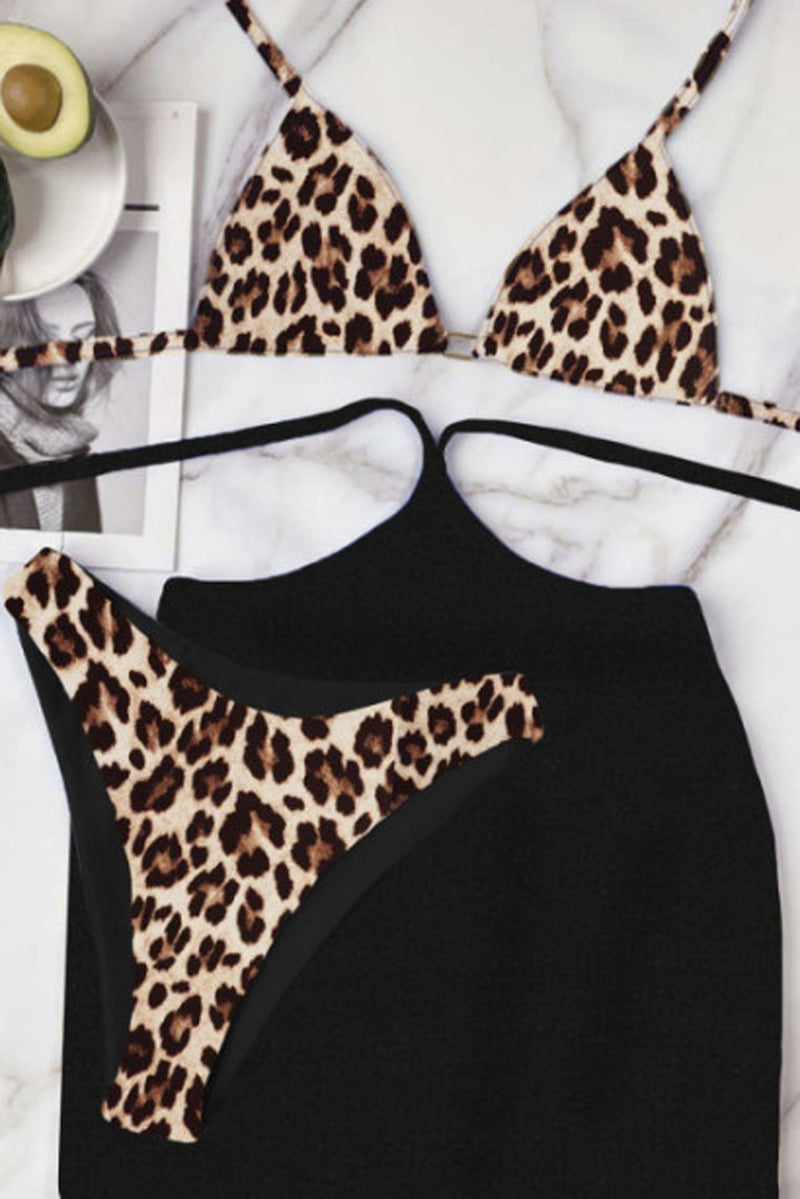 Leopard Sexy Halter Leopard Print Bikini and Solid Sarong Bikini Set Wholesale