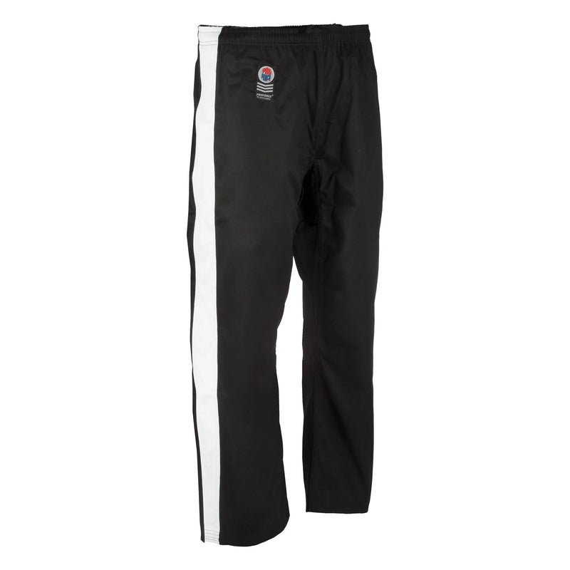 ProForce® Gladiator Demo Karate Pants- 8 oz. (Elastic Drawstring) - 55/45 Blend - Black w/White Stripe / 000 - 4'/40