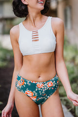 Green 2pcs Floral Print Hollow Out High Waisted Swimsuit