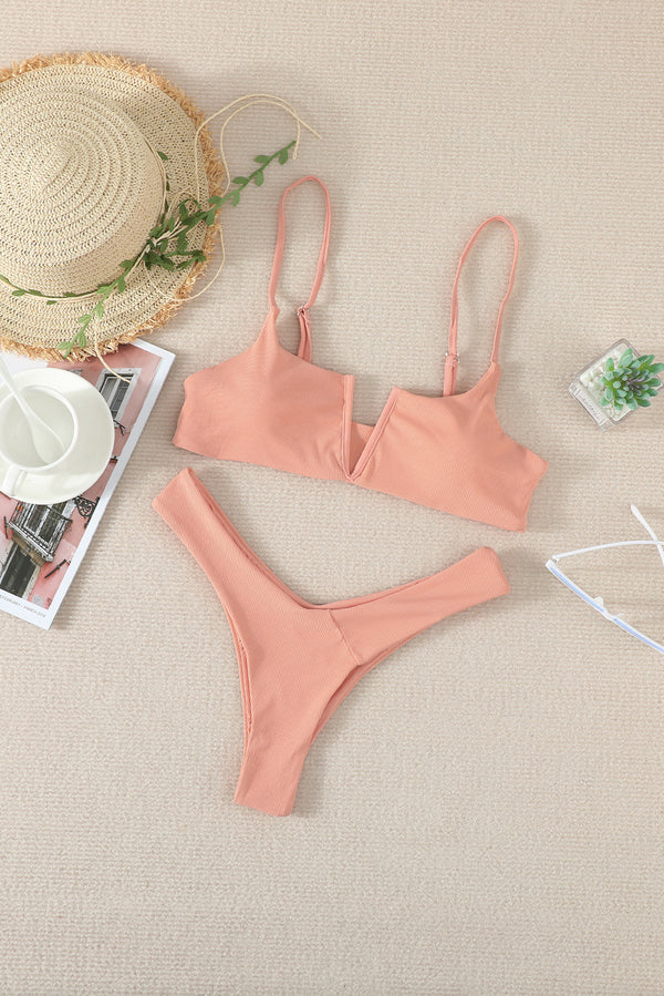 Pink Ribbed Spaghetti Strap High Cut Bikini