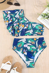 Green Floral Print Ruffled Single Shoulder High Waisted Swimsuit